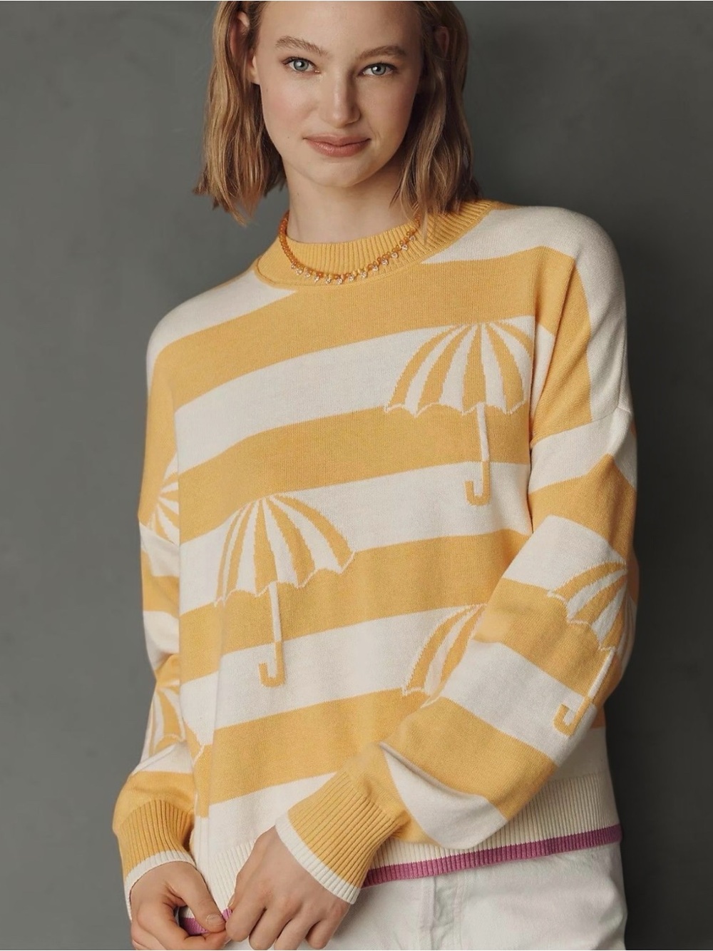 Anthropologie Maeve Striped Umbrella Sweater in Yellow & White Size medium NWT